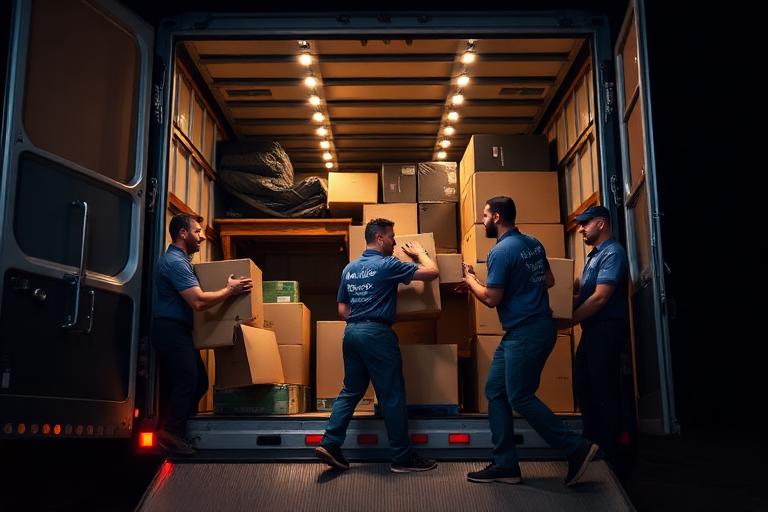 Professional movers loading boxes into moving truck