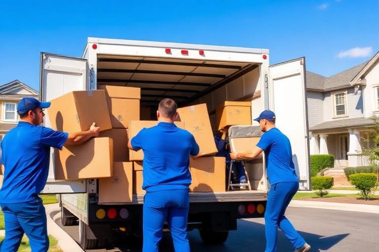 Professional movers loading furniture into BOSS Moving truck in Vancouver neighborhood